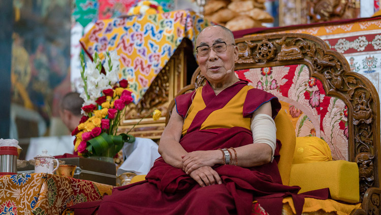 His Holiness the Dalai Lama addressing the gathering during the welcoming ceremony at Sera Lachi Monastery in Bylakuppe, Karnataka, India on December 19, 2017. Photo by Tenzin Choejor