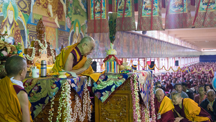 His Holiness the Dalai Lama performing preparatory rituals and procedures for the Hayagriva Empowerment he going to give at Sera Jey Monastery's debate courtyard in Bylakuppe, Karnataka, India on December 20, 2017. Photo by Lobsang Tsering