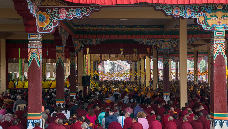 A view of Sera Jey Monastery's debate courtyard during Hayagriva Empowerment given by His Holiness the Dalai lama in Bylakuppe, Karnataka, India on December 20, 2017. Photo by Lobsang Tsering