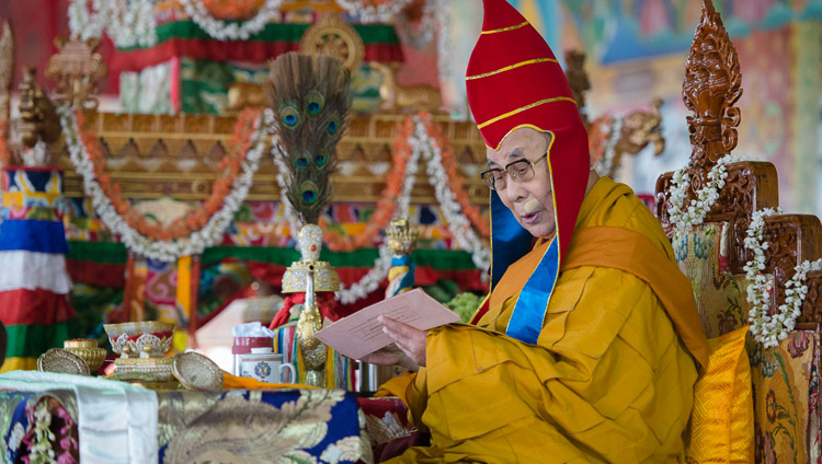 His Holiness the Dalai Lama bestowing the Hayagriva Empowerment at Sera Jey Monastery's debate courtyard in Bylakuppe, Karnataka, India on December 20, 2017. Photo by Lobsang Tsering