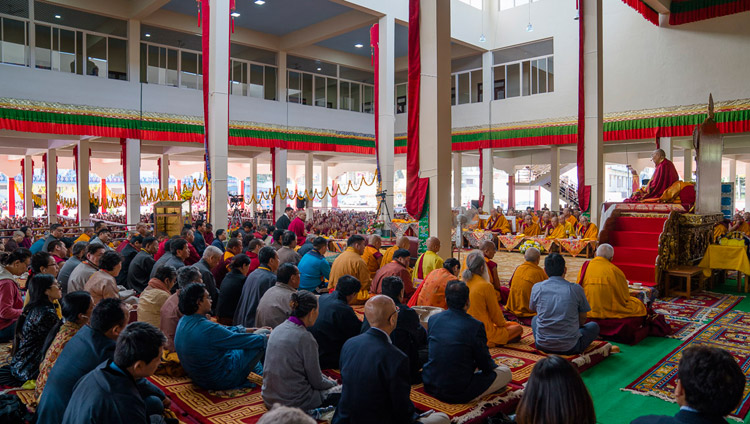 His Holiness the Dalai Lama speaking at the inauguration of the new Sera Mey Monastery debate courtyard in Bylakuppe, Karnataka, India on December 21, 2017. Photo by Lobsang Tsering