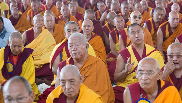 Some of the more than 8000 monks, nuns and members of the Tibetan community attending the inauguration of the new Sera Mey Monastery debate courtyard in Bylakuppe, Karnataka, India on December 21, 2017. Photo by Lobsang Tsering