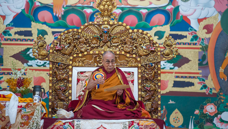 His Holiness the Dalai Lama teaching on "In Praise of Dependent Origination" as part of the inauguration ceremony for the new debate courtyard at Sera Mey Monastery in Bylakuppe, Karnataka, India on December 21, 2017. Photo by Lobsang Tsering