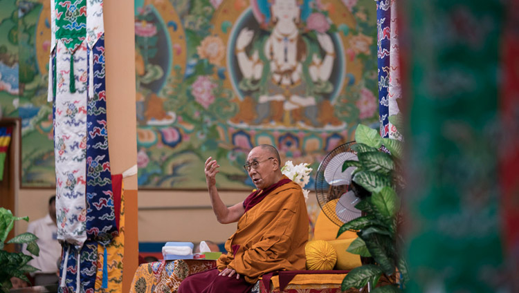 His Holiness the Dalai Lama addressing Tibetan pilgrims recently arrived from Tibet and Tibetan teachers gathered for a workshop on Secular Ethics in the Sera Lachi Assembly Hall in Bylakuppe, Karnataka, India on December 22, 2017. Photo by Tenzin Choejor