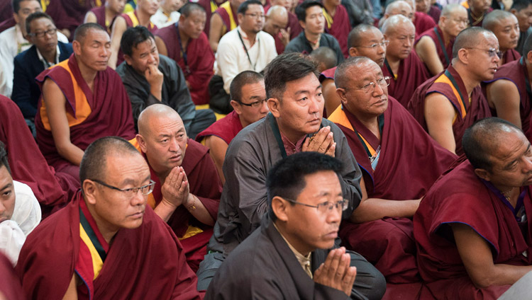 Tibetan teachers gathered for a workshop on Secular Ethics listening to His Holiness the Dalai Lama during their meeting at Sera Lachi Assembly Hall in Bylakuppe, Karnataka, India on December 22, 2017. Photo by Tenzin Choejor