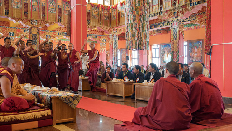 Monks demonstrating debate during His Holiness the Dalai Lama's visit to Tashi Lhunpo Monastery in Bylakuppe, Karnataka, India on December 22, 2017. Photo by Tenzin Choejor