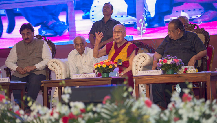 His Holiness the Dalai Lama responding to questions from the audience during his talk at Seshadripuram Group of Institutions Silver Jubilee in Bengaluru, Karnataka, India on December 24, 2017. Photo by Lobsang Tsering