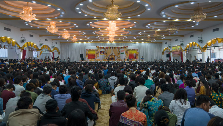 A view of the hall at the King’s Court section of the Palace Ground with over 2500 members of the Tibetan and Himalayan communities listening to His Holiness the Dalai Lama in Bengaluru, Karnataka, India on December 25, 2017. Photo by Tenzin Choejor