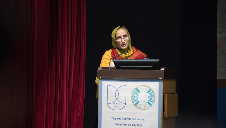 Prof Tahera Qutbuddin, Co-Director of the Qutbi Jubilee Scholarship Program, introducing the inter-religious conference at Jawaharlal Nehru University in New Delhi, India on December 28, 2017. Photo by Tenzin Choejor