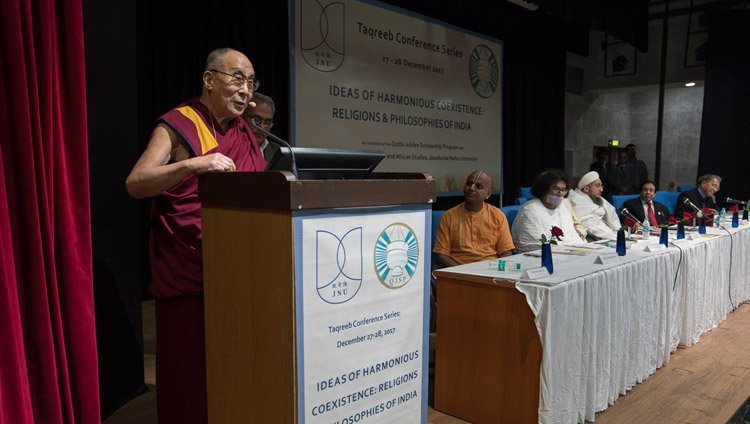 His Holiness the Dalai Lama speaking at the inter-religious conference at Jawaharlal Nehru University in New Delhi, India on December 28, 2017. Photo by Tenzin Choejor