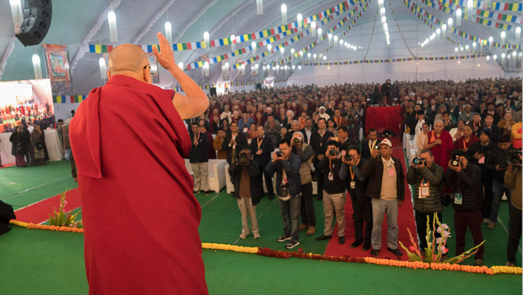 His Holiness the Dalai Lama waving to the audience on his arrival at the venue for the conference on Mind in Indian Philosophical Schools of Thought and Modern Science at the Central Institute of Higher Tibetan Studies in Sarnath, Varanasi, India on December 30, 2017. Photo by Lobsang Tsering His Holiness the Dalai Lama waving to the audience on his arrival at the venue for the conference on Mind in Indian Philosophical Schools of Thought and Modern Science at the Central Institute of Higher Tibetan Studies in Sarnath, Varanasi, India on December 30, 2017. Photo by Lobsang Tsering