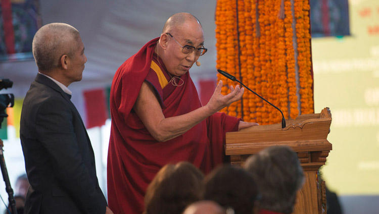 His Holiness the Dalai Lama delivering his opening remarks at the inaugural session of the conference on Mind in Indian Philosophical Schools of Thought and Modern Science at the Central Institute of Higher Tibetan Studies in Sarnath, Varanasi, India on December 30, 2017. Photo by Lobsang Tsering