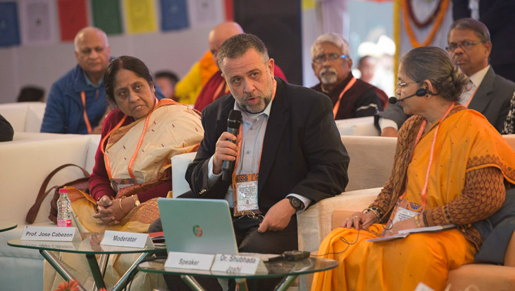 Moderator Prof Jose Cabezon introducing Prof Shubada Joshi from the University of Mumbai as the first presenter at the conference on Mind in Indian Philosophical Schools of Thought and Modern Science at the Central Institute of Higher Tibetan Studies in Sarnath, Varanasi, India on December 30, 2017. Photo by Lobsang Tsering