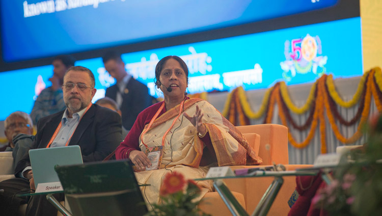 Prof Rupa Bandyopadhyay from Jadavpur University delivering her presentation on the Concept of Mind from an Advaita Perspective at the conference on Mind in Indian Philosophical Schools of Thought and Modern Science at the Central Institute of Higher Tibetan Studies in Sarnath, Varanasi, India on December 30, 2017. Photo by Lobsang Tsering