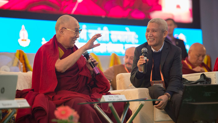 His Holiness the Dalai lama commenting on the presentation at the conference on Mind in Indian Philosophical Schools of Thought and Modern Science at the Central Institute of Higher Tibetan Studies in Sarnath, Varanasi, India on December 30, 2017. Photo by Lobsang Tsering