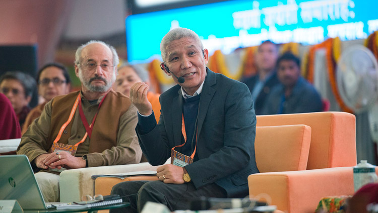 Dr Thupten Jinpa delivering his presentation on the three core features of consciousness in Buddhist philosophy of the mind at the conference on Mind in Indian Philosophical Schools of Thought and Modern Science at the Central Institute of Higher Tibetan Studies in Sarnath, Varanasi, India on December 31, 2017. Photo by Lobsang Tsering