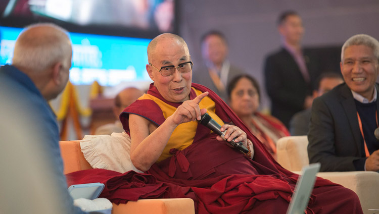 His Holiness the Dalai Lama commenting on the presentations delivered on the second day of the conference on Mind in Indian Philosophical Schools of Thought and Modern Science at the Central Institute of Higher Tibetan Studies in Sarnath, Varanasi, India on December 31, 2017. Photo by Lobsang Tsering