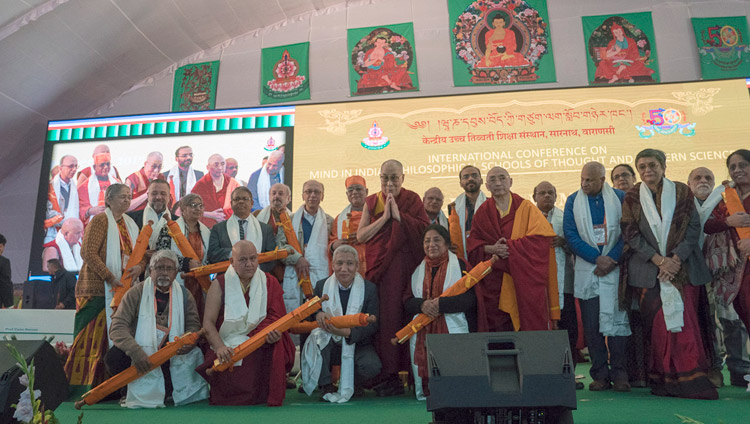 His Holiness the Dalai Lama with the presenters and organizers of the conference on Mind in Indian Philosophical Schools of Thought and Modern Science at the Central Institute of Higher Tibetan Studies in Sarnath, Varanasi, India on December 31, 2017. Photo by Lobsang Tsering