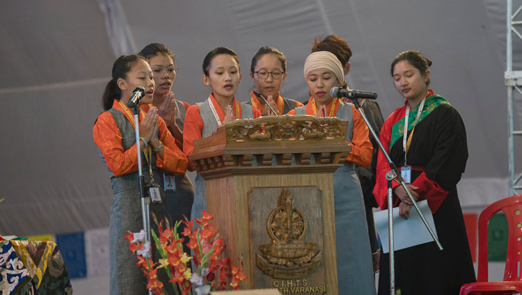 Students reciting verses of auspiciousness in Sanskrit at the start of the Central Institute of Higher Tibetan Studies' Golden Jubilee celebration in Sarnath, Varanasi, India on January 1, 2018. Photo by Tenzin Phuntsok Students reciting verses of auspiciousness in Sanskrit at the start of the Central Institute of Higher Tibetan Studies' Golden Jubilee celebration in Sarnath, Varanasi, India on January 1, 2018. Photo by Tenzin Phuntsok