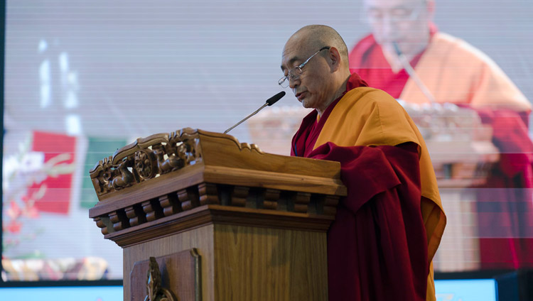 Vice-Chancellor Geshe Ngawang Samten delivering his welcome address at the Central Institute of Higher Tibetan Studies' Golden Jubilee celebration in Sarnath, Varanasi, India on January 1, 2018. Photo by Tenzin Phuntsok