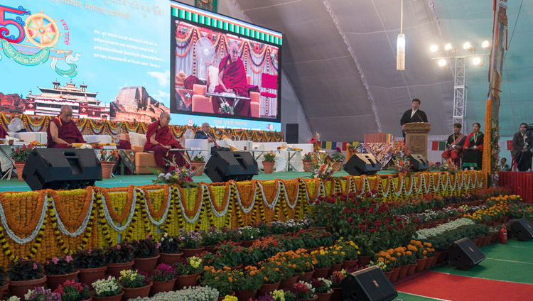 Sikyong Dr Lobsang Sangay speaking at the Central Institute of Higher Tibetan Studies' Golden Jubilee celebration in Sarnath, Varanasi, India on January 1, 2018. Photo by Tenzin Phuntsok