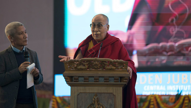  His Holiness the Dalai Lama addressing the audience during the Central Institute of Higher Tibetan Studies' Golden Jubilee celebration in Sarnath, Varanasi, India on January 1, 2018. Photo by Tenzin Phuntsok