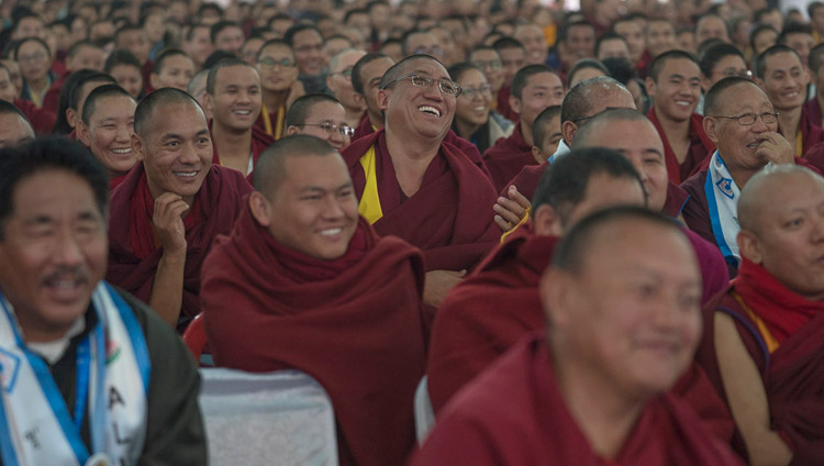 Members of the audience listening to His Holiness the Dalai Lama speaking at the Central Institute of Higher Tibetan Studies' Golden Jubilee celebration in Sarnath, Varanasi, India on January 1, 2018. Photo by Tenzin Phuntsok