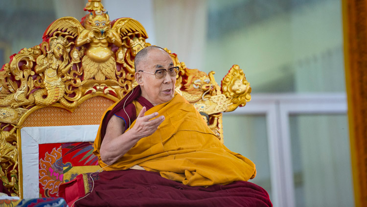 His Holiness the Dalai Lama speaking on the first day of his teachings at the Kalachakra Maidan in Bodhgaya, Bihar, India on January 5, 2018. Photo by Lobsang Tsering