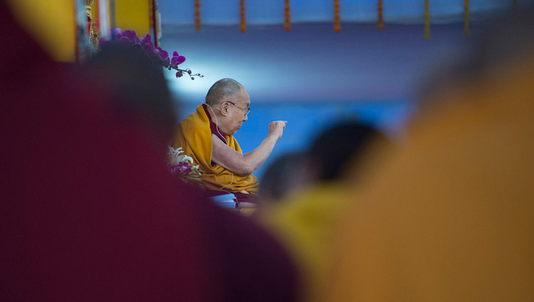 His Holiness the Dalai Lama speaking on the first day of his teachings at the Kalachakra Maidan in Bodhgaya, Bihar, India on January 5, 2018. Photo by Lobsang Tsering