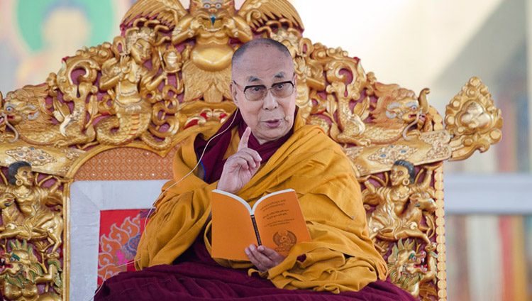 His Holiness the Dalai Lama explaining the text on the first day of his teachings at the Kalachakra Maidan in Bodhgaya, Bihar, India on January 5, 2018. Photo by Lobsang Tsering