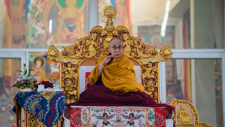 His Holiness the Dalai Lama speaking on the second day of teachings at the Kalachakra Maidan in Bodhgaya, Bihar, India on January 6, 2018. Photo by Lobsang Tsering