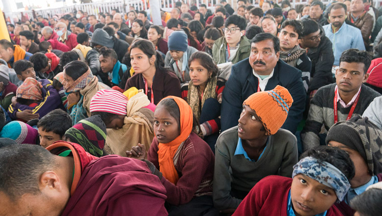 Members of the audience listening to His Holiness the Dalai Lama on the third day of teachings in Bodhgaya, Bihar, India on January 7, 2018. Photo by Lobsang Tsering