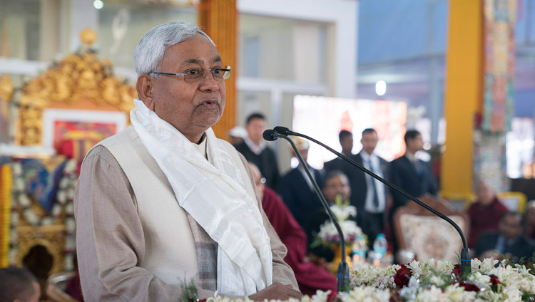 Bihar Chief Minister Nitish Kumar speaking at the release ceremony for "Science and Philosophy in the Indian Buddhist Classics, Vol. 1: The Physical World" in Bodhgaya, Bihar, India on January 7, 2018. Photo by Lobsang Tsering