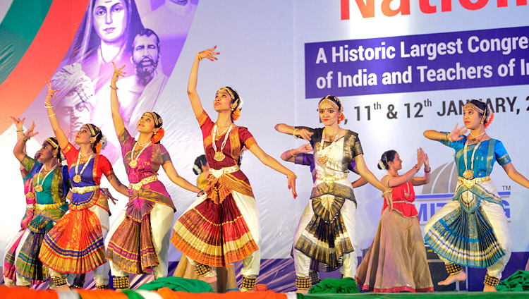 Artists performing classical dance at the start of the 2nd National Teachers' Congress Inaugural Ceremony in Pune, Maharashtra, India on January 10, 2018. Photo by Lobsang Tsering