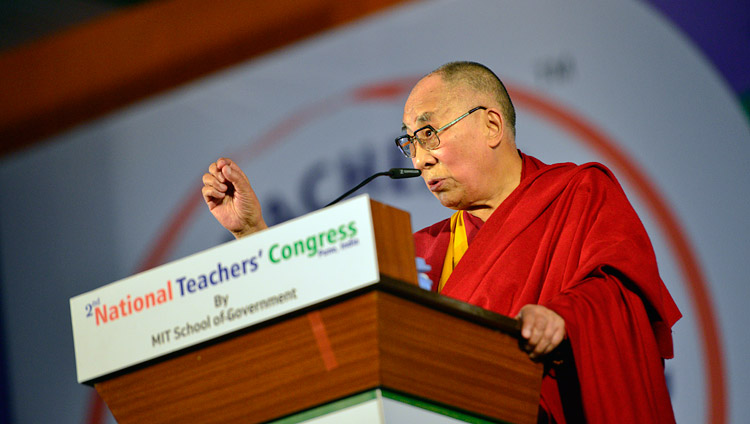 His Holiness the Dalai Lama addressing the audience at the 2nd National Teachers' Congress Inaugural Ceremony at the campus of MAEER MIT World Peace University in Pune, Maharashtra, India on January 10, 2018. Photo by Lobsang Tsering