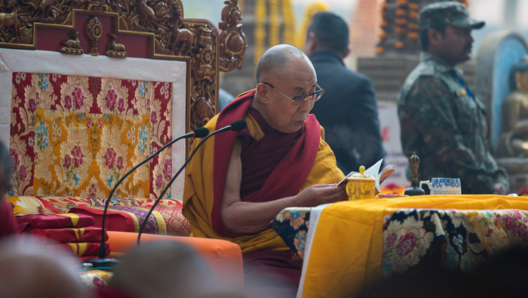 His Holiness the Dalai Lama joining in prayers being held to mark the fifteenth death anniversary of Khenpo Jigme Phuntsok, the celebrated Nyingma Lama around whom the thriving Buddhist community of Larung Gar gathered in Tibet, at the Mahabodhi Stupa in Bodhgaya, Bihar, India on January 13, 2018. Photo by Tenzin Choejor