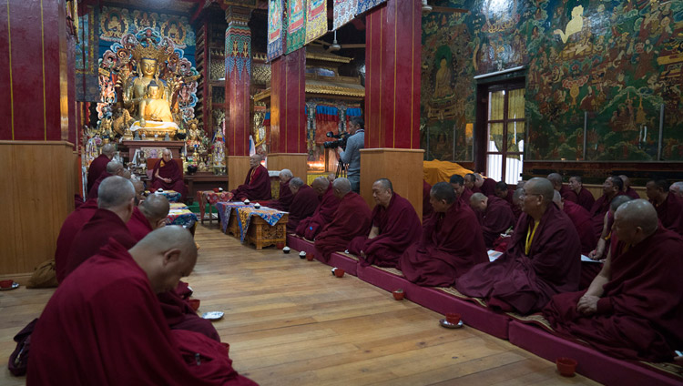 His Holiness the Dalai Lama discussing with Gelukpa abbots and teacher ways to improve education at Gelukpa seats of learning during their meeting at the Tibetan Temple in Bodhgaya, Bihar, India on January 13, 2018. Photo by Tenzin Choejor