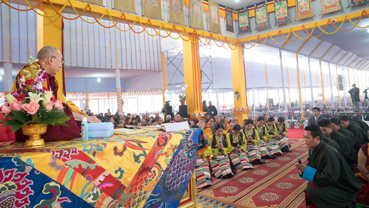 Artists from the Tibetan Institute for Performing Arts singing the verse of refuge and the salutation from Nagarjuna’s ‘Fundamental Wisdom of the Middle Way’ to a musical accompaniment at the start of His Holiness the Dalai Lama's teachings in Bodhgaya, Bihar, India on January 14, 2018. Photo by Lobsang Tsering