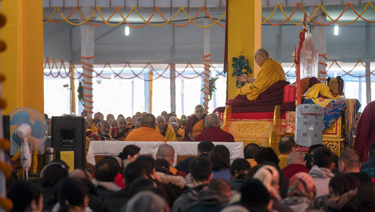 His Holiness the Dalai Lama addressing the crowd on the first day of his teachings in Bodhgaya, Bihar, India on January 14, 2018. Photo by Lobsang Tsering