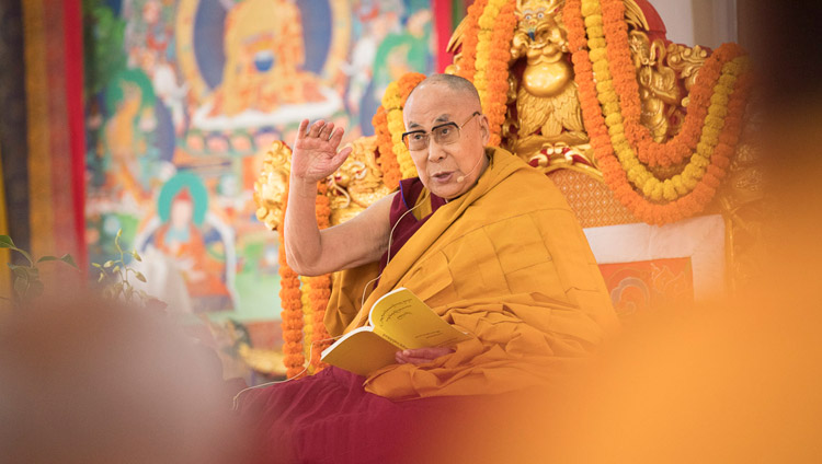 His Holiness the Dalai Lama explaining the text on the second day of teachings in Bodhgaya, Bihar, India on January 15, 2018. Photo by Manuel Bauer