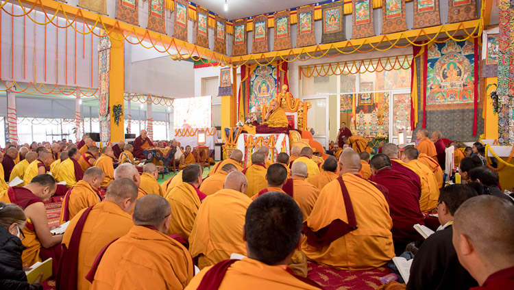 A view of the Kalachakra Pavilion during the second day of His Holiness the Dalai Lama's teaching in Bodhgaya, Bihar, India on January 15, 2018. Photo by Manuel Bauer