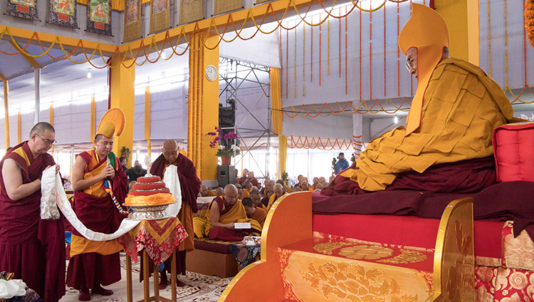 Lama Gegeen recited the citation for the mandala offering during the Long-Life Offering for His Holiness the Dalai Lama in Bodhgaya, Bihar, India on January 16, 2018. Photo by Manuel Bauer