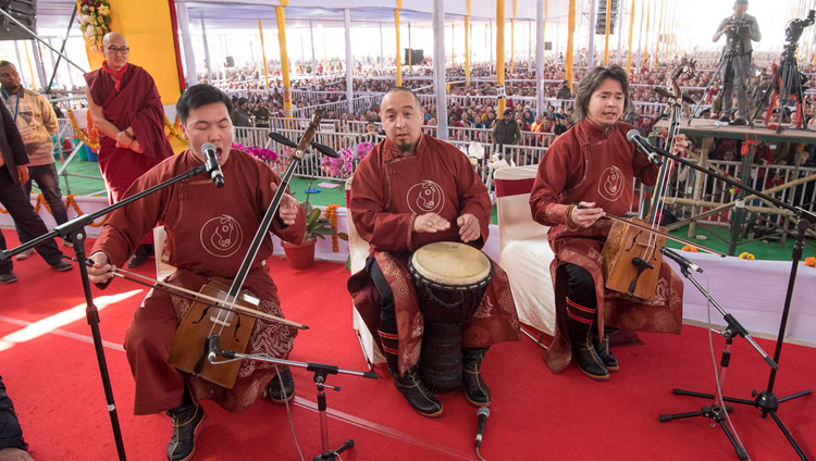 A group of artists performing at the conclusion of the Long-Life Offering for His Holiness the Dalai Lama in Bodhgaya, Bihar, India on January 16, 2018. Photo by Manuel Bauer