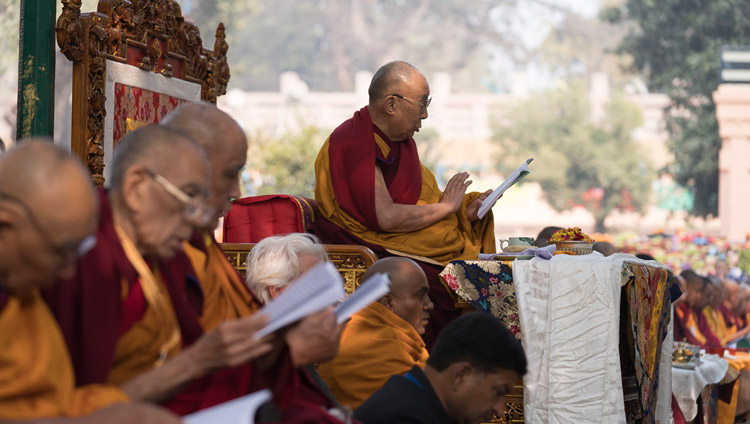 His Holiness the Dalai Lama participating in prayers by the Bodhi Tree at the Mahabodhi Stupa in Bodhgaya, Bihar, India on January 17, 2018. Photo by Tenzin Choejor