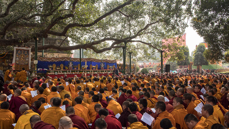 A view of the devotees gathered to join His Holiness the Dalai Lama in prayers by the Bodhi Tree at the Mahabodhi Stupa in Bodhgaya, Bihar, India on January 17, 2018. Photo by Manuel Bauer