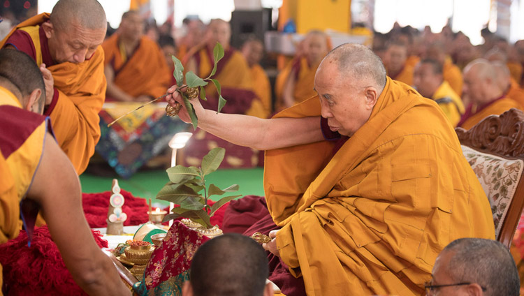 His Holiness the Dala Lama conducting the rituals and meditations necessary to prepare himself to begin the Thirteen Deity Vajrabhairava Empowerment in Bodhgaya, Bihar, India on January 18, 2018. Photo by Manuel Bauer