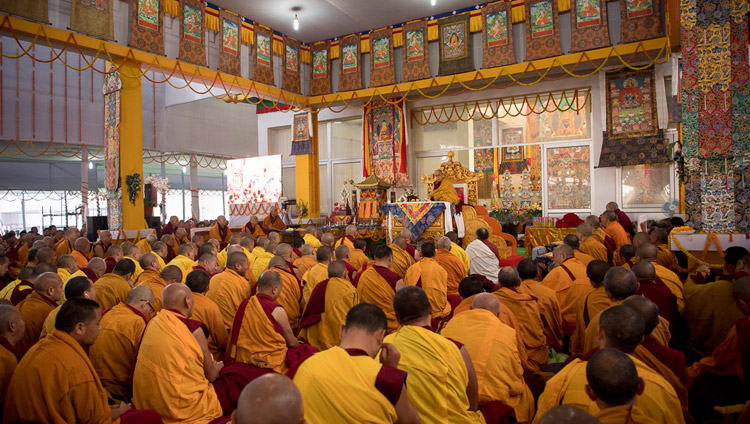 A view of the Kalachakra Pavilion during preparations for the Thirteen Deity Vajrabhairava Empowerment given by His Holiness the Dalai Lama in Bodhgaya, Bihar, India on January 18, 2018. Photo by Manuel Bauer