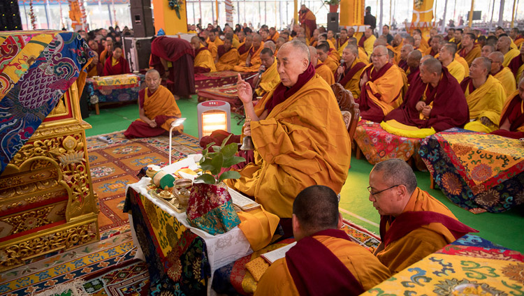 His Holiness the Dalai Lama conducting preliminary procedures for the Thirteen Deity Vajrabhairava Empowerment in Bodhgaya, Bihar, India on January 19, 2018. Photo by Manuel Bauer