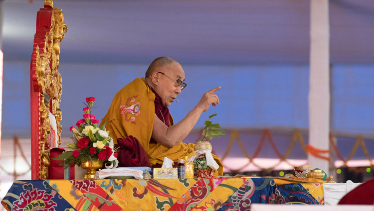 His Holiness the Dalai Lama addressing the crowd during the Thirteen Deity Vajrabhairava Empowerment in Bodhgaya, Bihar, India on January 19, 2018. Photo by Manuel Bauer