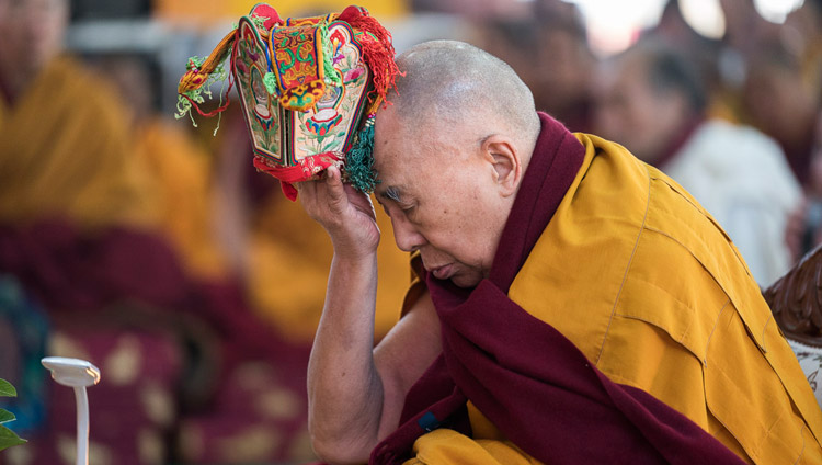 His Holiness the Dalai Lama conducting preparations for the Solitary Hero Vajrabhairava Empowerment in Bodhgaya, Bihar, India on January 21, 2018. Photo by Lobsang Tsering